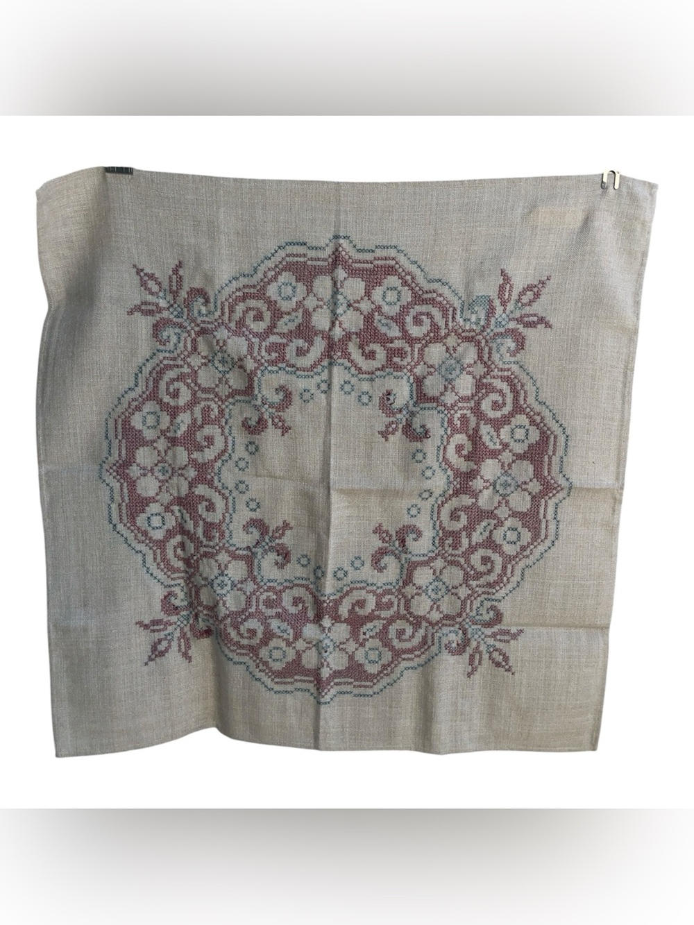 Handmade European linen Floral Cross-Stitch Table Accent in Beige and Dusty Rose